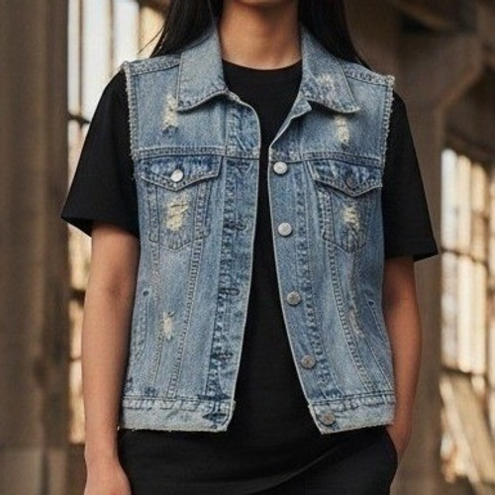GAP - Women Denim Vest Destressed – Medium Wash